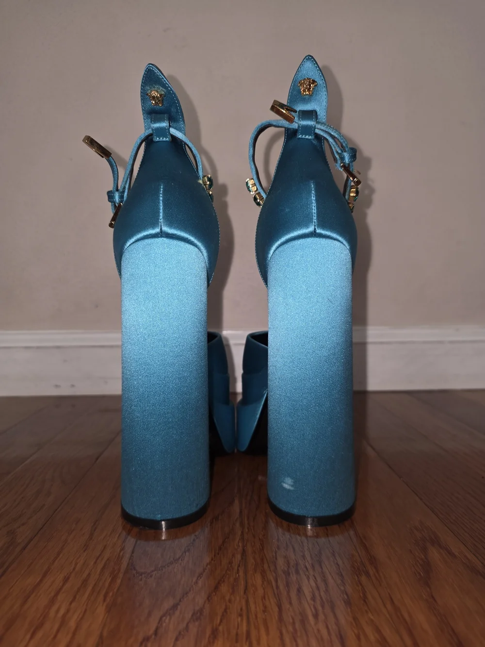 Versace Teal Satin Platform Slingback Heels with Jeweled Anklet